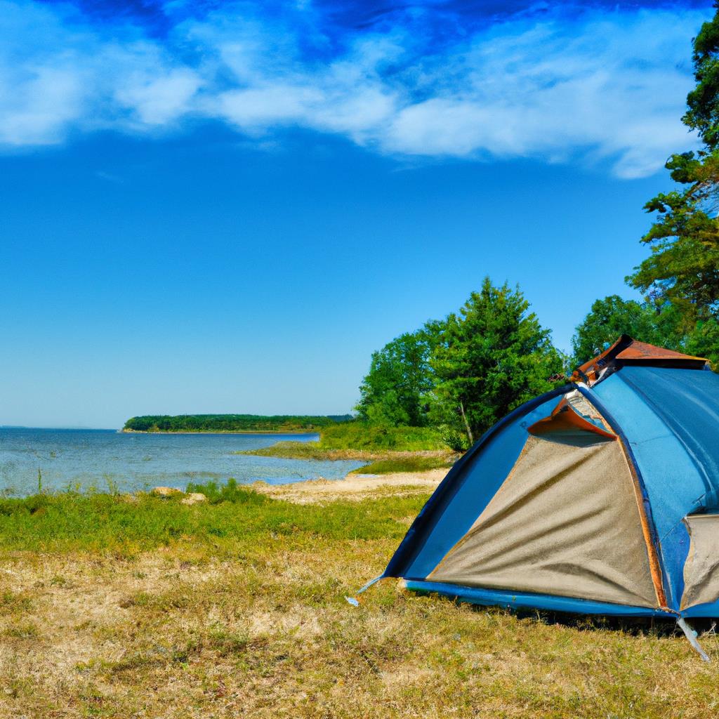 Campsite surrounded by lush green forest with tents set up beside a sparkling river. Bright orange campfire glowing under the moonlit sky, casting shadows on the peaceful, serene scene. Rustling leaves and crackling fire provide the soundtrack to a perfect night in nature.