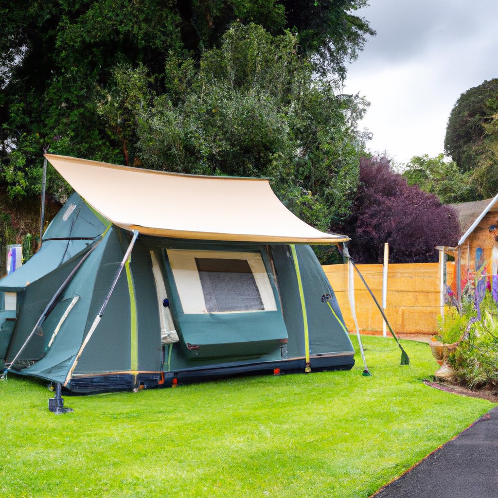 A_tenting_and_camping_site_with_a_red_tent_set_up_alongside_a_smoldering_campfire_surrounded_by_tall_trees_and_a_clear_blue_sky_providing_the_ideal_setting_for_an_outdoor_adventure_and_reconnecting_with_nature.