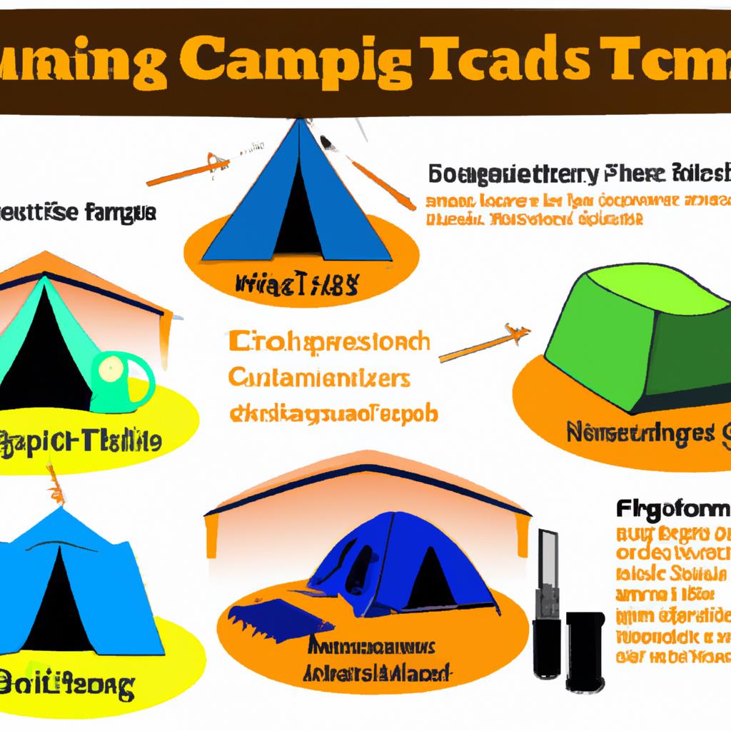 A rugged camping site with a variety of tents pitched under a starry sky, surrounded by trees and a crackling campfire. Outdoor chairs, coolers, and lanterns are scattered around the site, hinting at a cozy evening ahead.