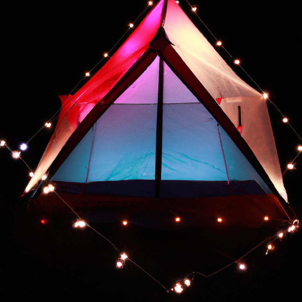 A tenting and camping site with a cozy campfire surrounded by tall pine trees, a peaceful lake in the background, and a starry night sky overhead. Tents are pitched on lush green grass, creating a perfect outdoor getaway.
