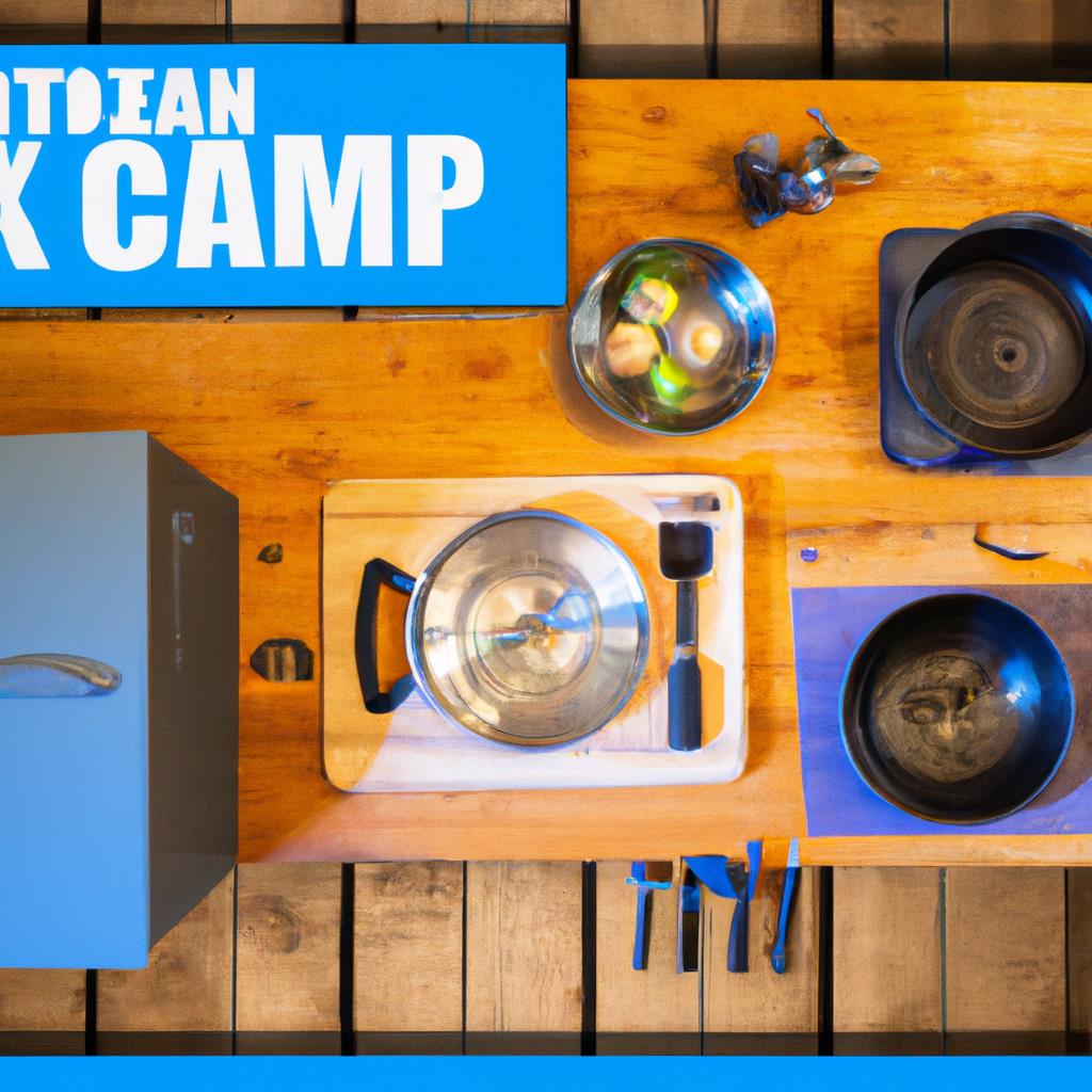 A tenting and camping site with lush green trees, a crackling campfire, and twinkling stars overhead. Tents are pitched in a cozy circle, smoke rising from a fire pit, and shadowy figures move about, enjoying the great outdoors.