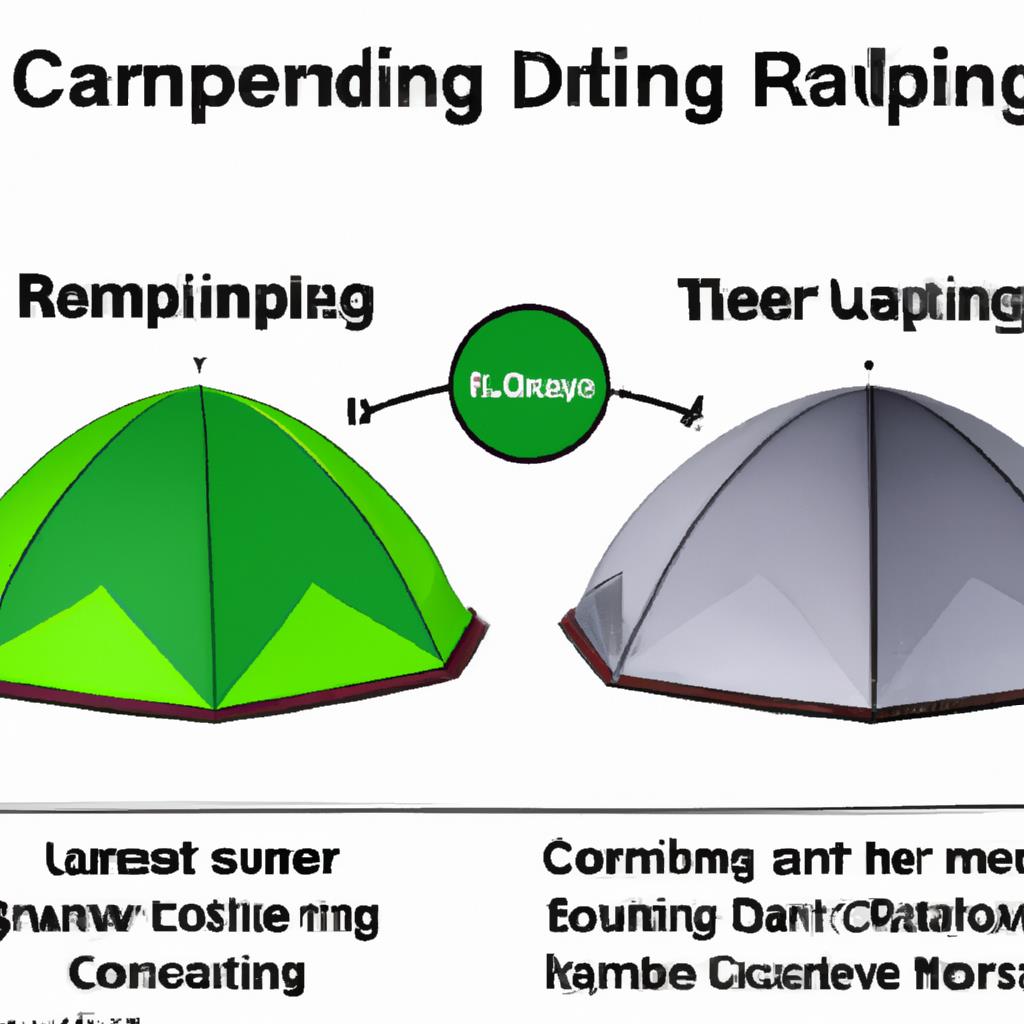 A row of colorful tents set up in a grassy field, with a picturesque mountain backdrop. Clear blue skies above with a bonfire crackling in the center. Trees surrounding the campsite and a calm river flowing nearby.