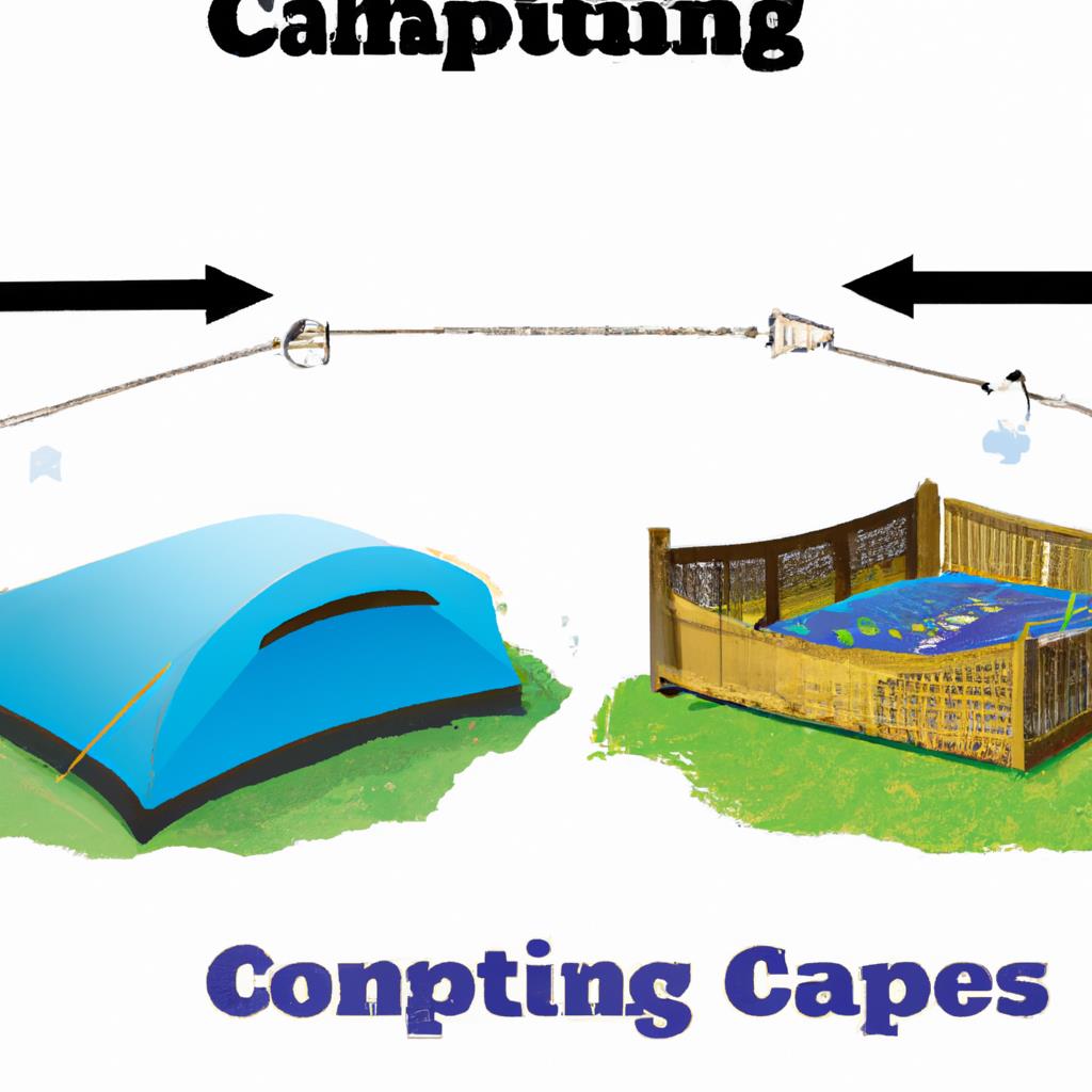 A campsite with a colorful tent set up in a lush forest clearing, surrounded by tall trees and a crackling campfire. A serene landscape with a clear blue sky, perfect for a relaxing outdoor getaway.