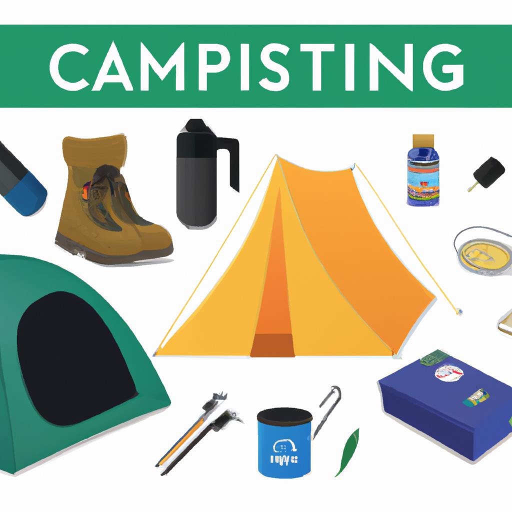 A wilderness campsite with two small tents set up under tall pine trees, a glowing campfire in the foreground, and a star-filled sky above. A small stream trickles nearby, inviting campers to explore and connect with nature.
