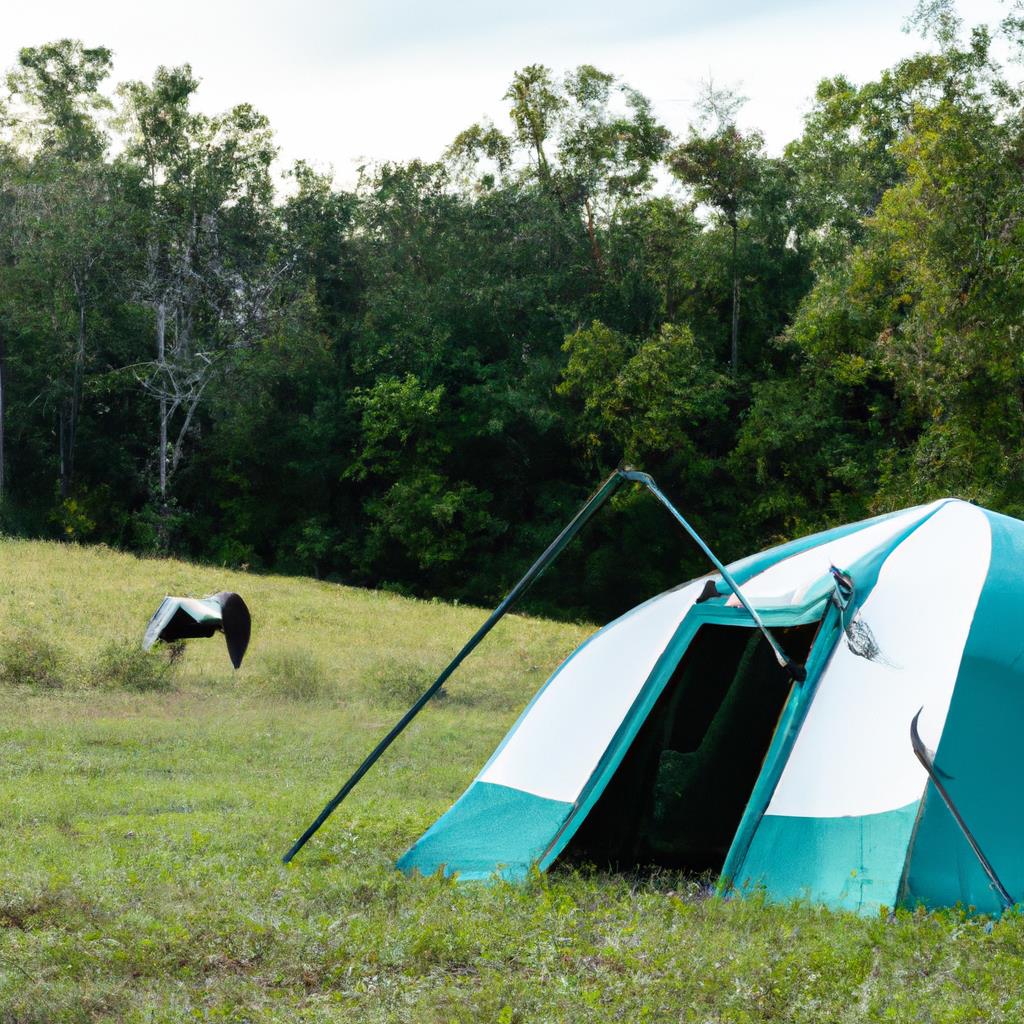 A rustic tenting and camping site nestled among towering trees, with a crackling campfire and twinkling stars overhead. Smoke rises from the fire as friends gather around, sharing stories and roasting marshmallows.