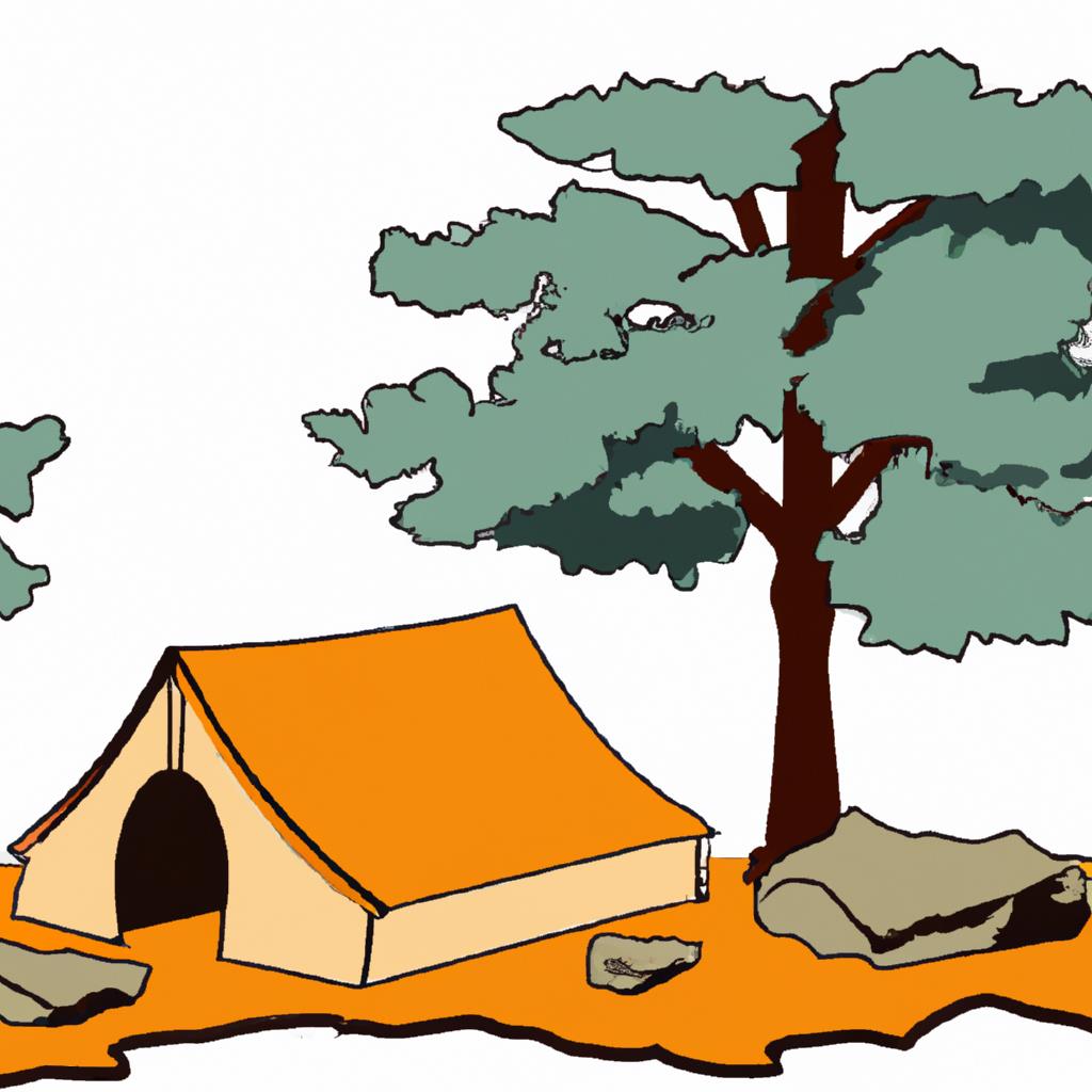 Two-person tent pitched on a grassy area surrounded by trees, with a picnic table and campfire ring nearby. Camping chairs and lantern sit outside the tent. Blue sky and fluffy white clouds overhead.