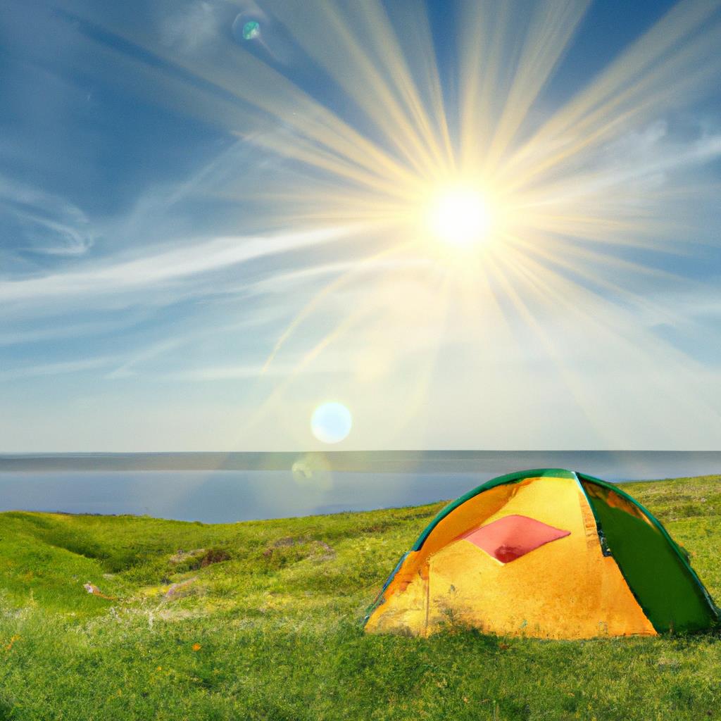 A rugged campsite at sunrise, surrounded by tall trees and a flowing river. Tents pitched in a clearing, smoke rising from a crackling fire. Adventure awaits at this tranquil spot in the wilderness, perfect for a peaceful getaway.