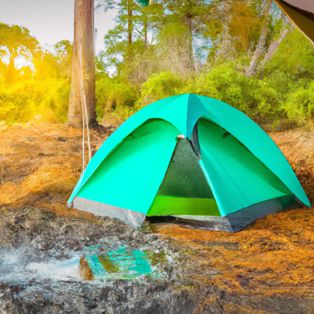 Two-person tent with glowing lantern beside campfire in the woods at popular camping site, surrounded by tall trees and starry sky. Outdoor adventure under canvas, with hiking trails nearby for nature lovers.