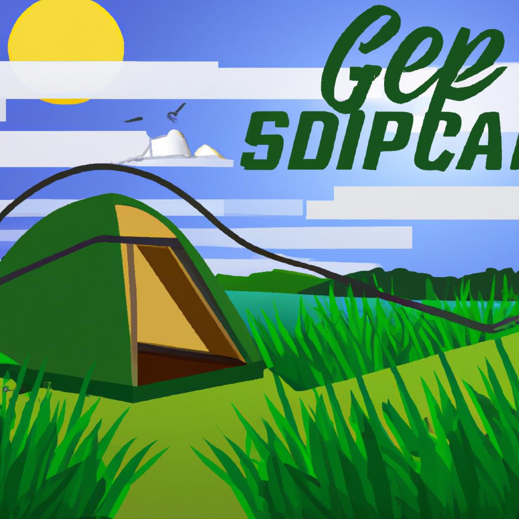 A rugged landscape with a row of colorful tents set up on a grassy camping site. There are trees in the background and a tranquil lake nearby. The sun is setting, casting a warm glow over the scene.