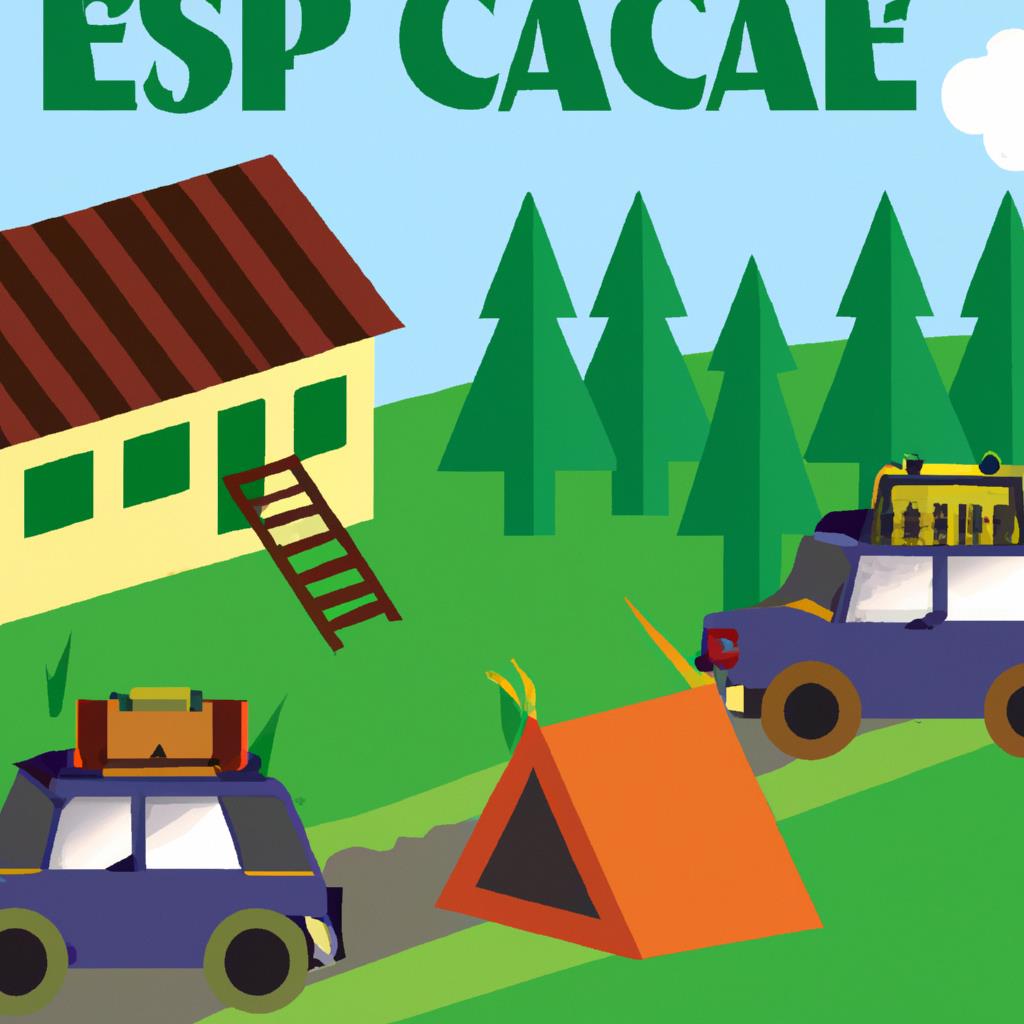 Car parked outside tenting and camping site with mountain backdrop. Campfire smoke wafting through the air. People setting up tents in grassy field. Outdoor adventure awaits. Rustic charm and natural beauty abound.