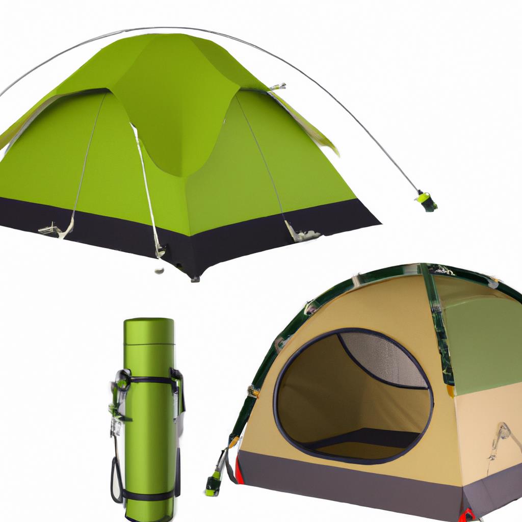 Two-person tent surrounded by tall trees and a roaring campfire. Camp chairs and a cooler sit nearby. The sun is setting in the background, casting a warm glow over the site. Sleeping bags and lanterns are scattered around.