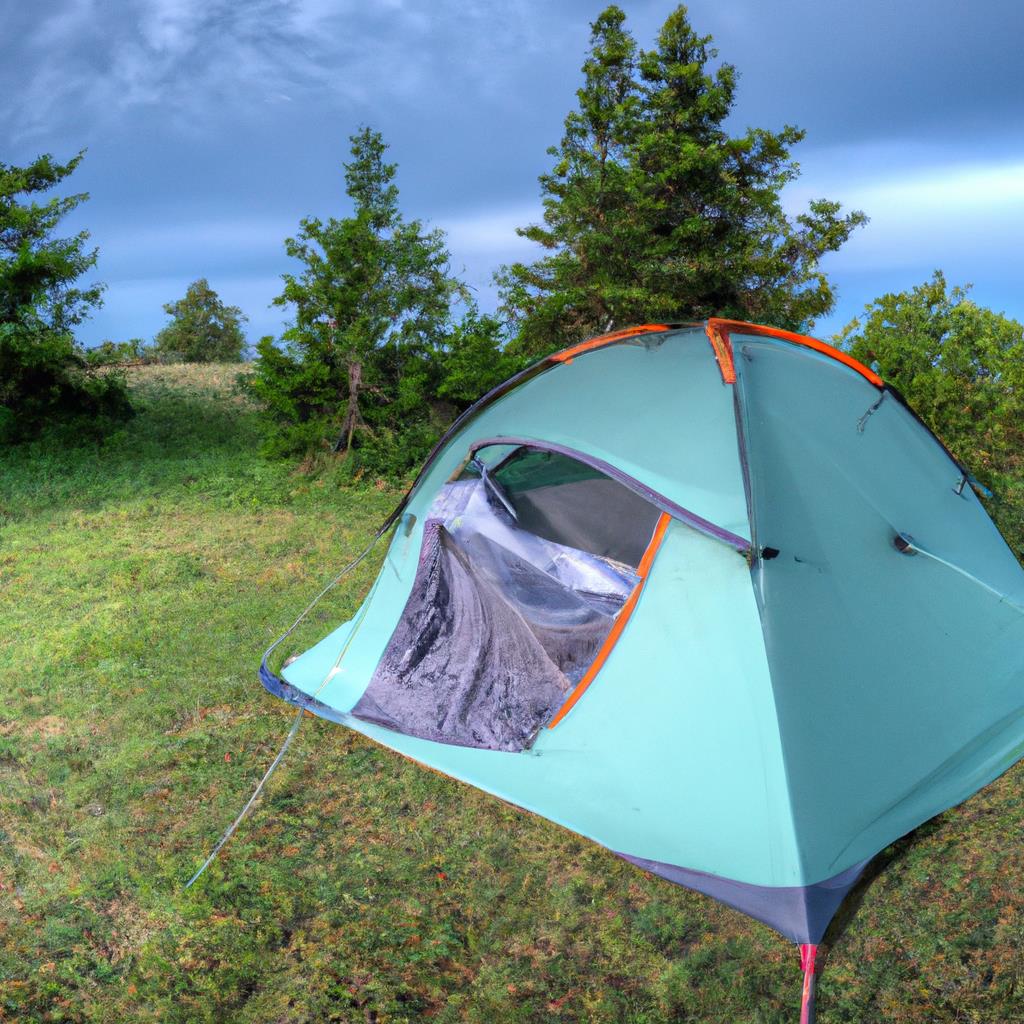 Person sitting by a cozy campfire outside a tent at a camping site on a starry night, surrounded by trees and nature. Tent set up with sleeping bags and lanterns, creating a peaceful and rustic outdoor retreat.