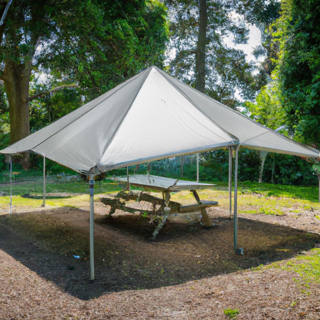 A tenting and camping site in a beautiful wooded area with picnic tables, fire pits, and colorful tents. People sitting around a campfire roasting marshmallows and telling stories under a star-filled sky.