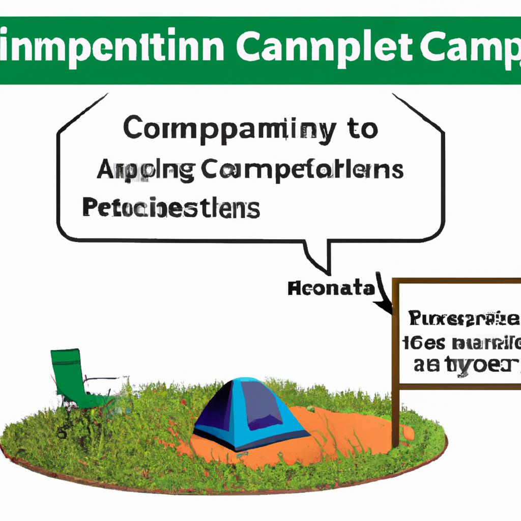 Tents pitched on grass, surrounded by trees and mountains. A campfire burns in the center, casting a warm glow. Colorful chairs sit around the fire, inviting campers to relax and enjoy the natural beauty of the site.