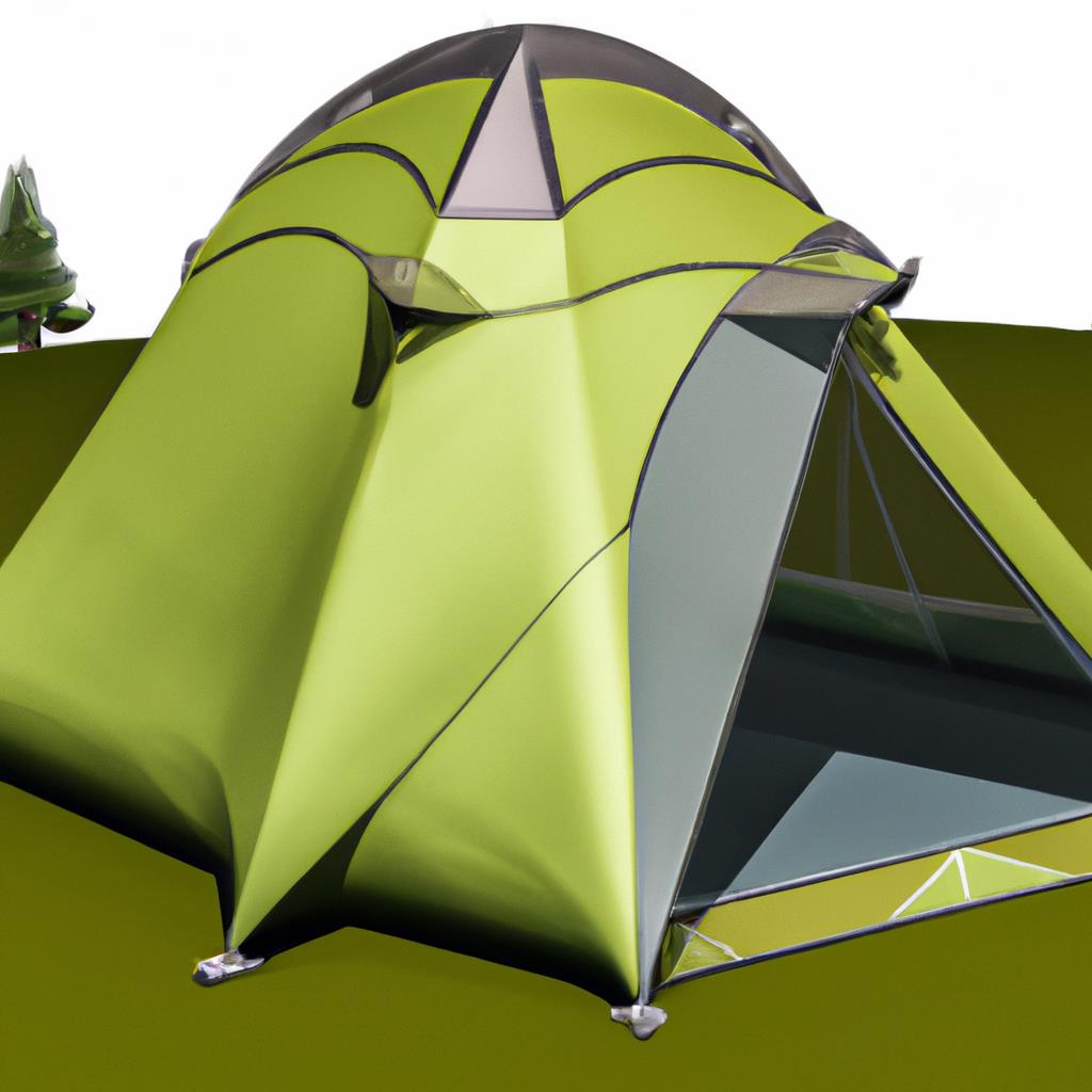 A tent set up on a grassy camping site, surrounded by trees. A campfire burns nearby, with smoke rising into the clear blue sky. Backpacks and camping gear scattered around the tent. A serene and tranquil setting for outdoor activities.