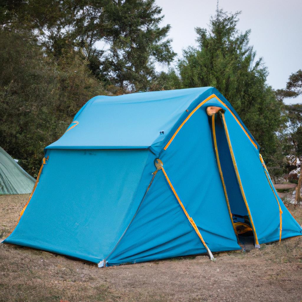 Picture of a spacious camping site with colorful tents pitched under a clear blue sky, surrounded by lush green trees and a calm flowing river. Campfire smoke rising in the air, creating a cozy and inviting atmosphere for outdoor enthusiasts.