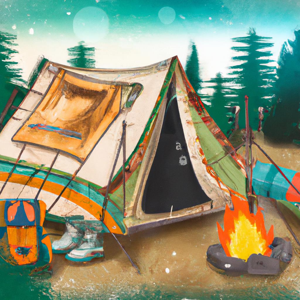Group of colorful tents set up in a serene camping site surrounded by tall trees and a glowing campfire. The sky above is filled with twinkling stars. Tables, chairs, and lanterns are scattered around the site.