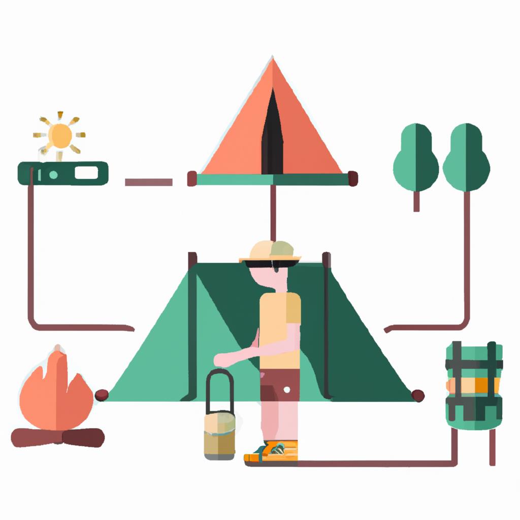 A tenting and camping site in the middle of a lush forest, with a campfire burning and tents pitched. The sounds of crickets chirping and the smell of pine trees fill the air, creating a perfect outdoor escape.