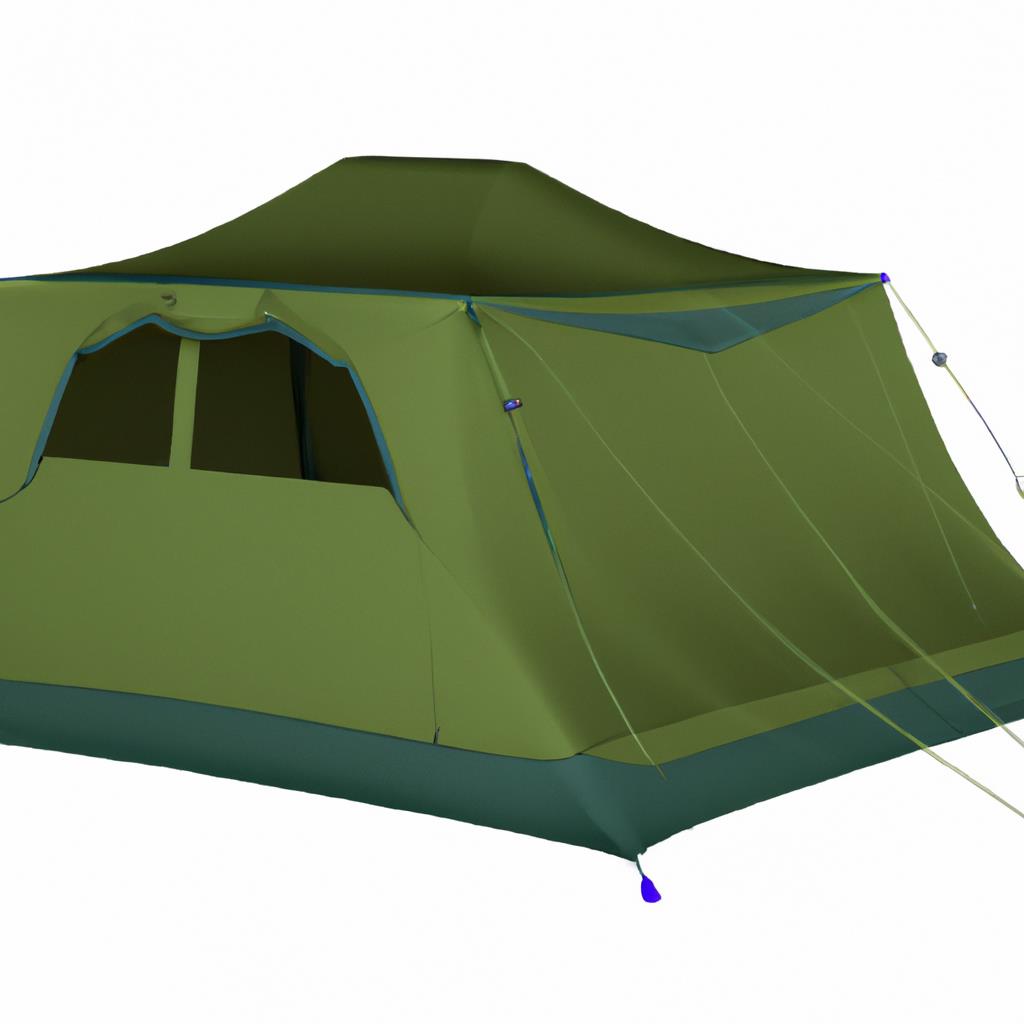 A scenic camping site with tents pitched among tall trees, a roaring campfire, and a backdrop of lush green mountains. The sun is setting, painting the sky in shades of orange and pink, casting a warm glow over the peaceful scene.