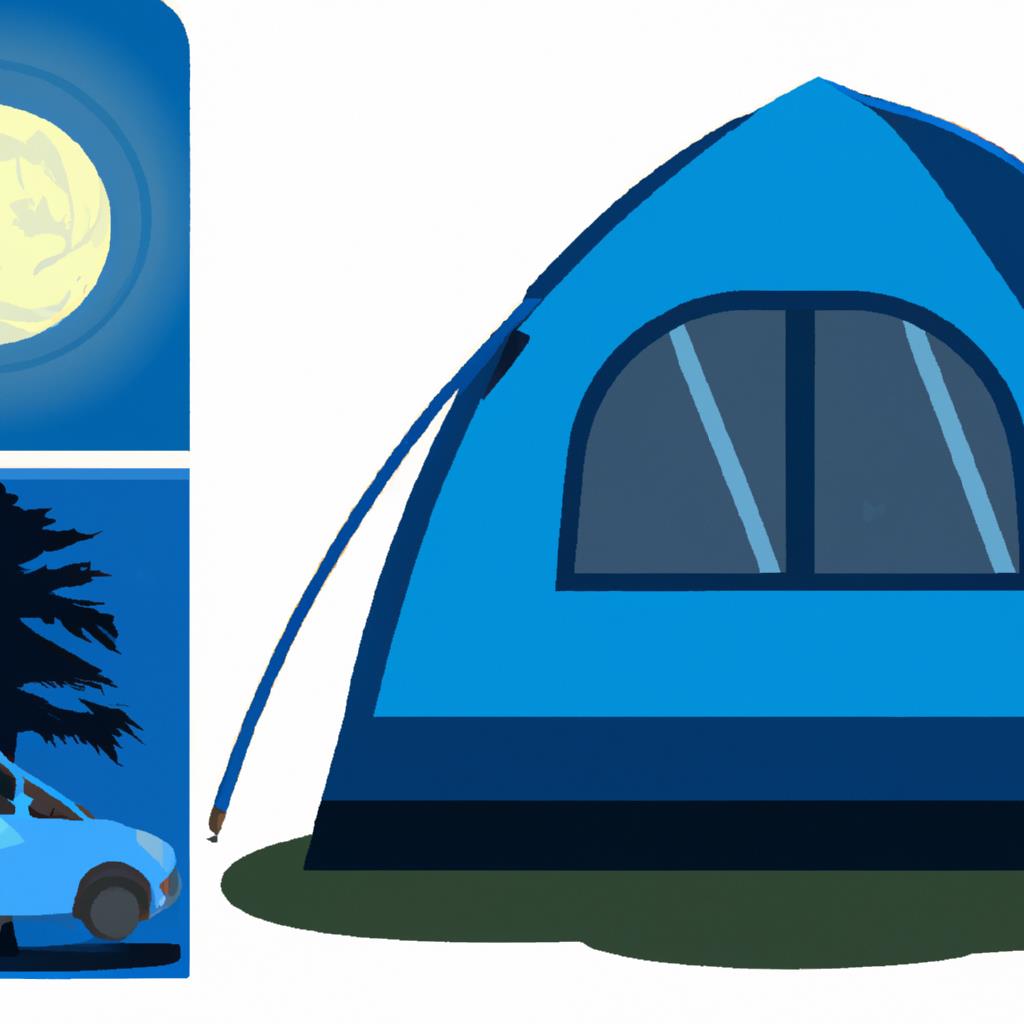 Tent pitched on grassy field with trees in background. Campfire blazing, smoke rising. Blue sky above with fluffy white clouds. Picnic table, chairs set up. Lantern hanging from tree branch. Nature getaway, peaceful escape.