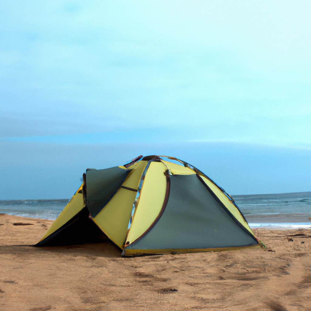 Tenting and camping site in nature with trees, clear blue sky, and a small stream. Campfire with smoke rising, tents set up with sleeping bags outside. Adventure awaits in the great outdoors.