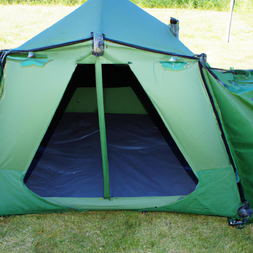 A cozy camping tent nestled among tall trees in a serene forest clearing, with a flickering campfire and twinkling stars overhead. The soft glow of lanterns illuminates the site, creating a peaceful and inviting atmosphere for outdoor adventurers.