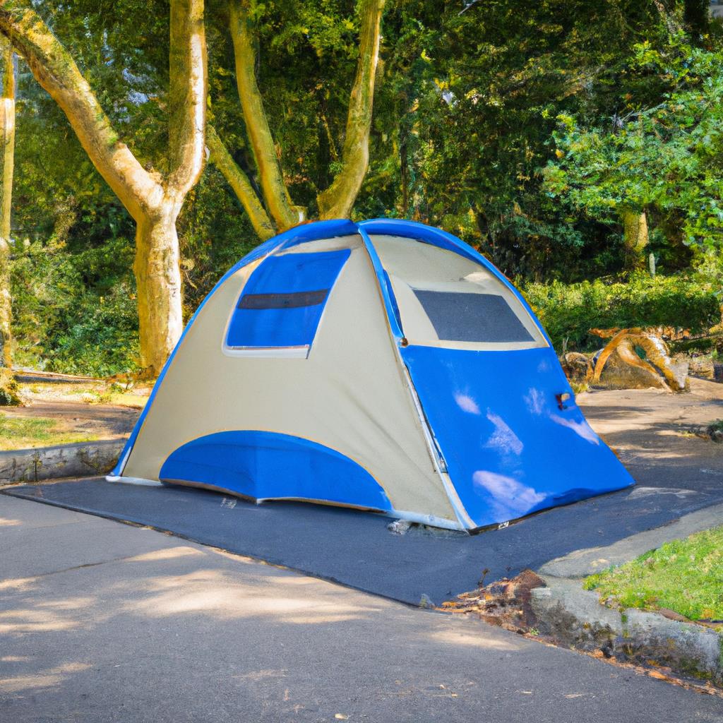 Tent pitched on grassy campsite in wilderness surrounded by tall trees. Smoke rising from campfire. Clear blue sky above. Picnic table and chairs next to tent. Lantern hanging from tree branch. Nature escape.