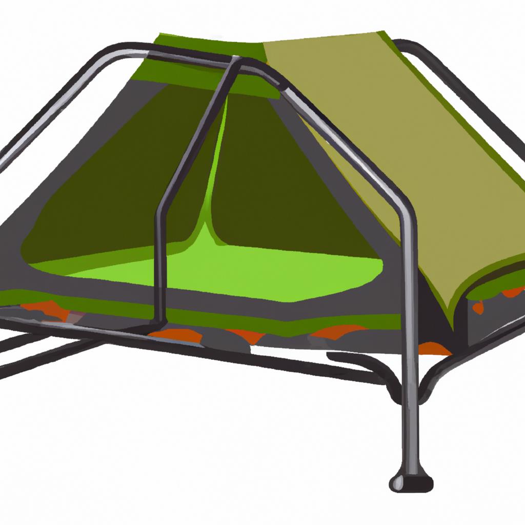 An image of a scenic tenting and camping site nestled among tall trees with a roaring river nearby. The sun is setting, casting a warm glow over the grassy clearing where tents are pitched.