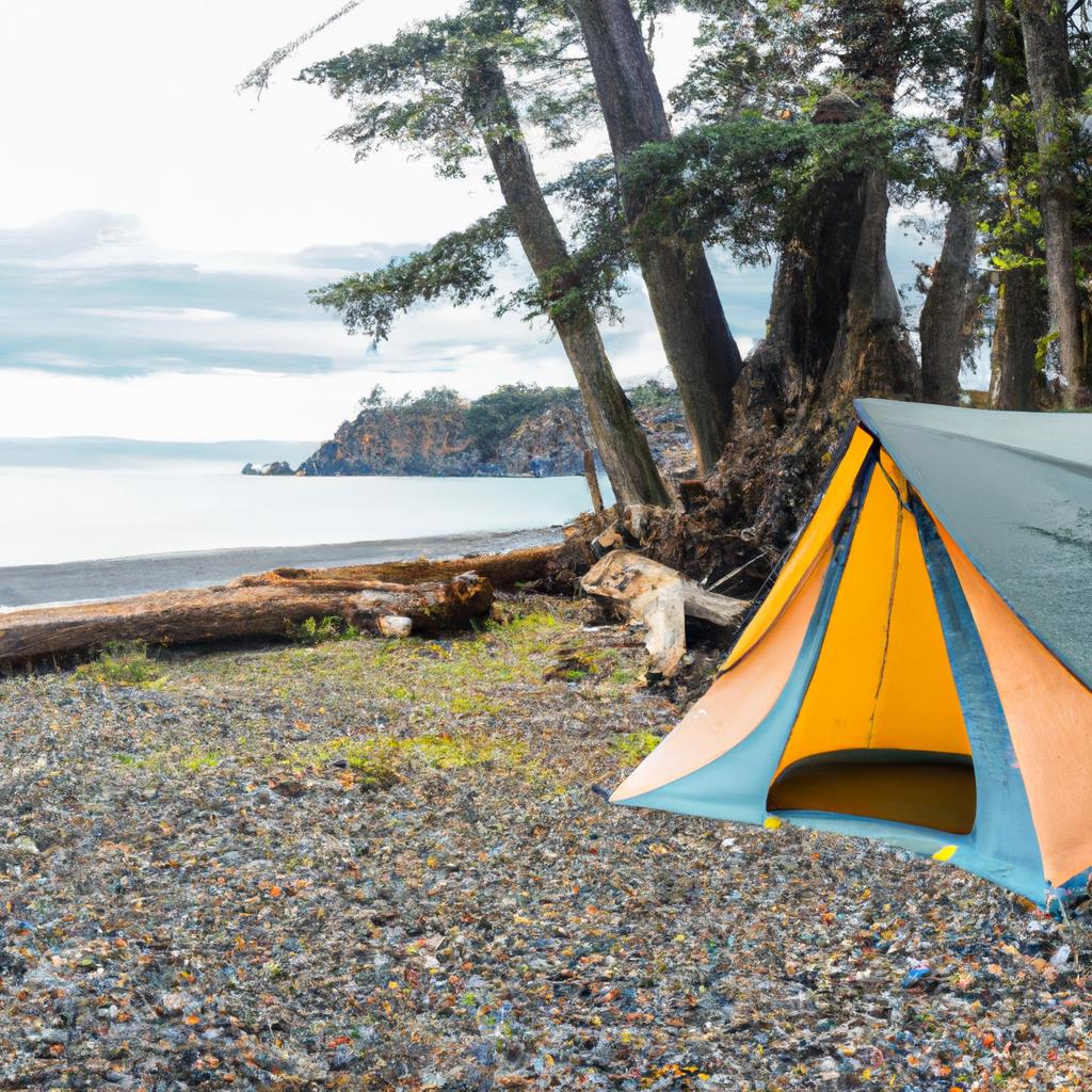 A group of colorful tents surrounded by trees and a campfire, with mountains in the background. Chairs and coolers scattered around. A peaceful and serene camping site, perfect for outdoor enthusiasts looking to disconnect and reconnect with nature.