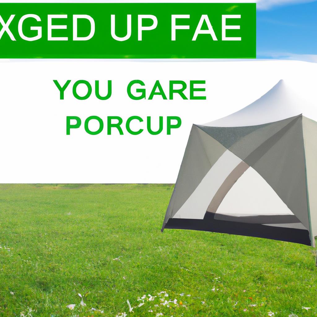 Two-person tent pitched on a grassy camping site surrounded by towering pine trees under a clear blue sky with mountains in the distance. Campfire burning with logs stacked nearby, camping chairs and cooler set up.